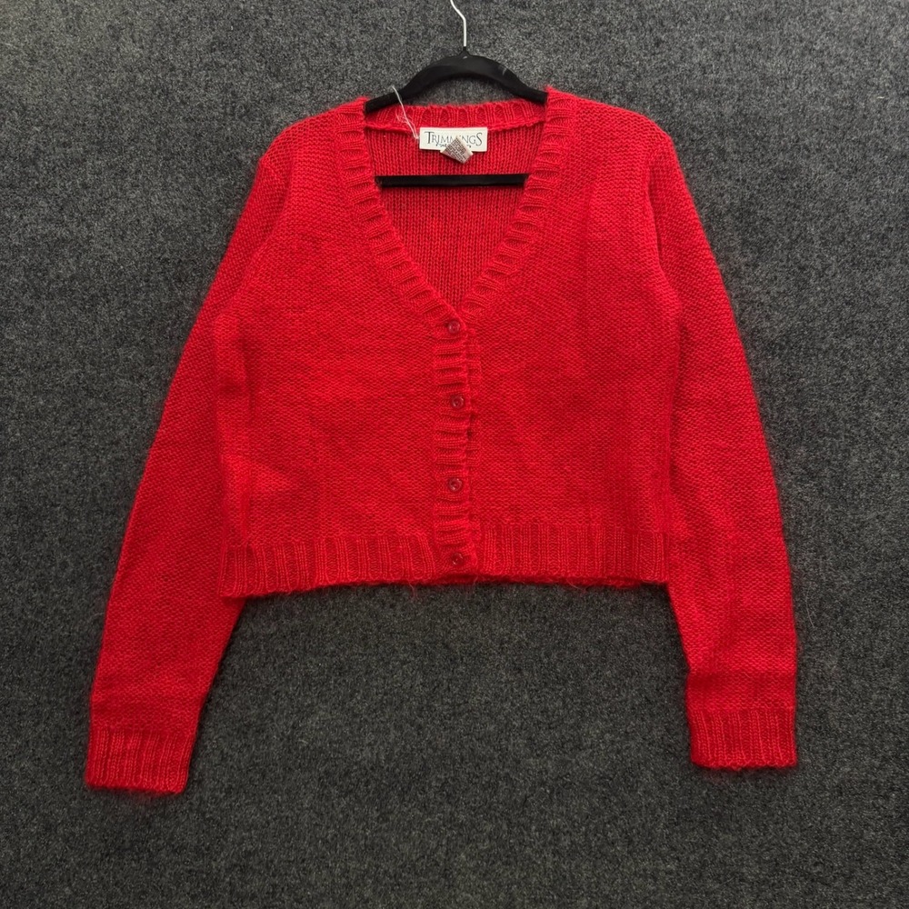 Vintage Trimmings Red Mohair Wool Blend Cropped Cardigan 80s Womens Small